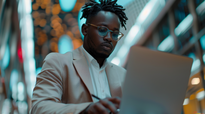 Young man looking up minute order online with laptop