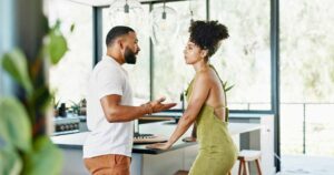 Couple arguing, gaslighting wife