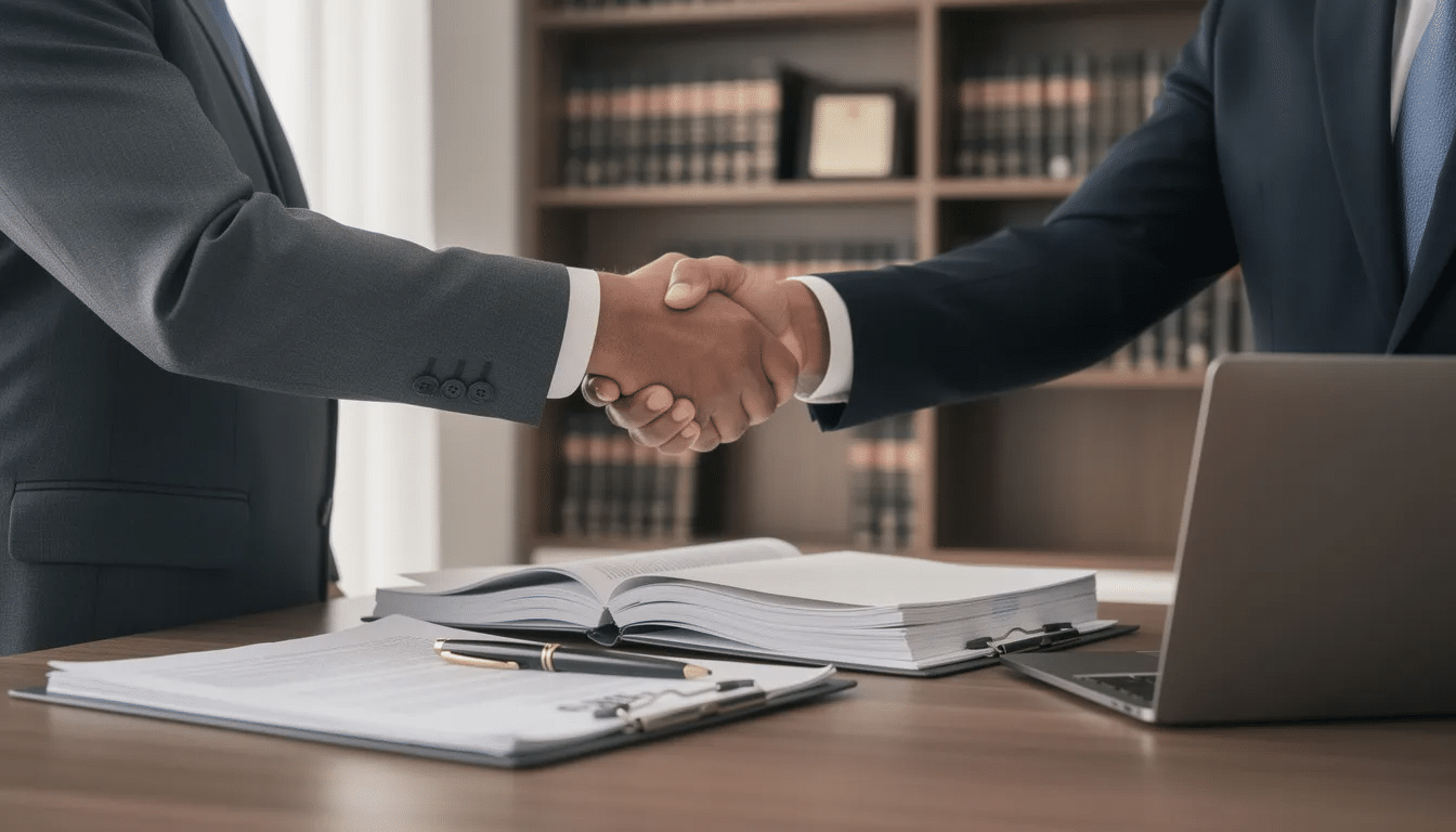 2 men shaking hands in a law office