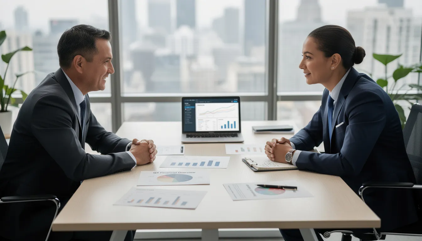 The image depicts a professional consultation taking place in a modern office, with a desk cluttered with documents and financial charts, reflecting the complexities of family law matters such as divorce and child custody. This setting emphasizes the importance of having a knowledgeable family law attorney to navigate the legal process effectively in Santa Monica.