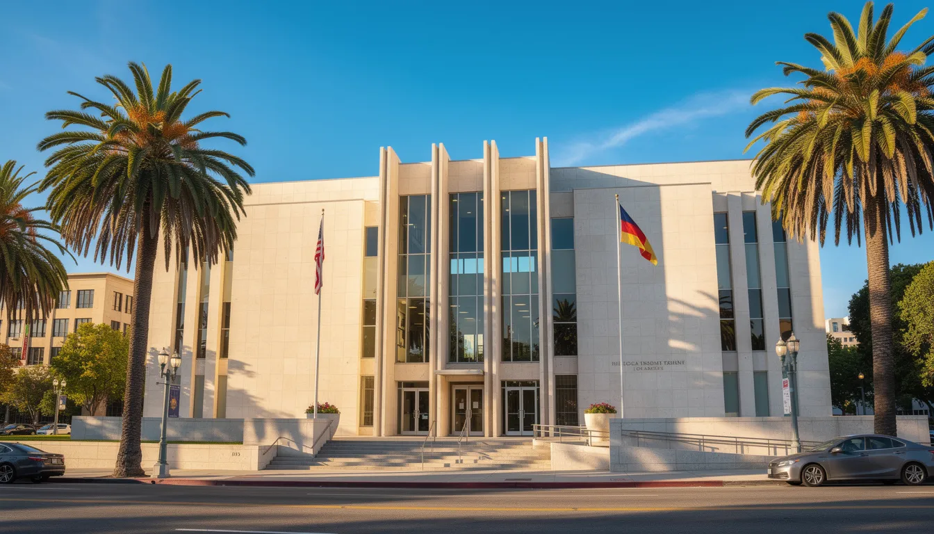 The image shows the exterior of a Los Angeles courthouse building surrounded by palm trees under a clear blue sky, symbolizing the legal process for matters such as annulments in California. This setting serves as a backdrop for important legal proceedings, including court hearings related to family law and marital status.