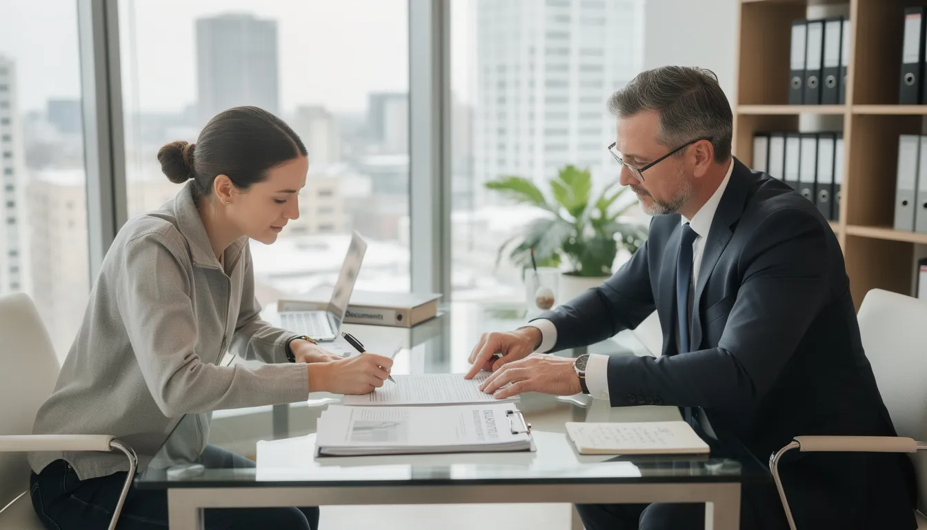 The image shows a person sitting across from a legal professional in a modern office, both engaged in reviewing legal documents related to the annulment process. The setting suggests a focus on family law matters, such as validating the legal grounds for annulment in California.